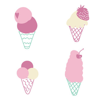 Strawberry ice cream collection. Design for T-shirt, textile and prints. Hand drawn vector illustration for decor and design.
