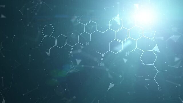 Abstract chemical molecules animation dark modern background. Chemical bonds animation.
