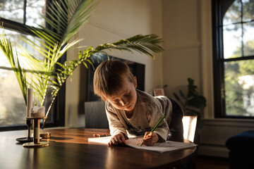 Little boy drawing during sunset