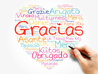 Gracias (Thank You in Spanish) love heart Word Cloud in different languages of the world