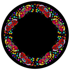 Design ornament for round product, bright flowers and ladybugs in the style of stained glass on a dark background