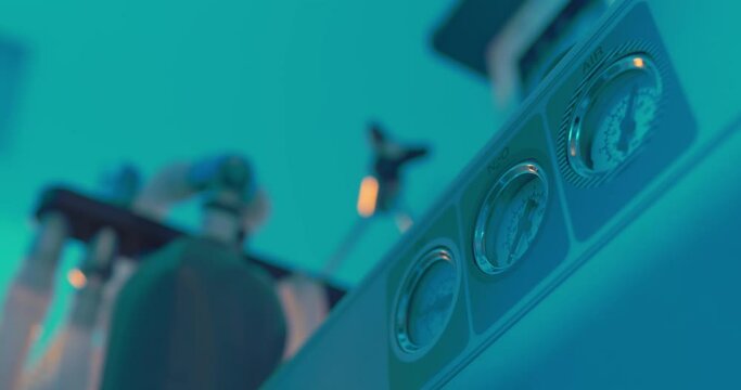 Close-up an anesthesia workstation pipeline inlet pressure of O2 - oxygen, N20 - nitrogen oxide, Air.