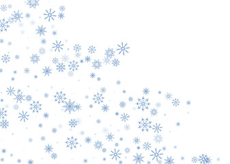 Blue delicate openwork snowflakes scatter on a white background. Festive background, postcard design, wallpaper