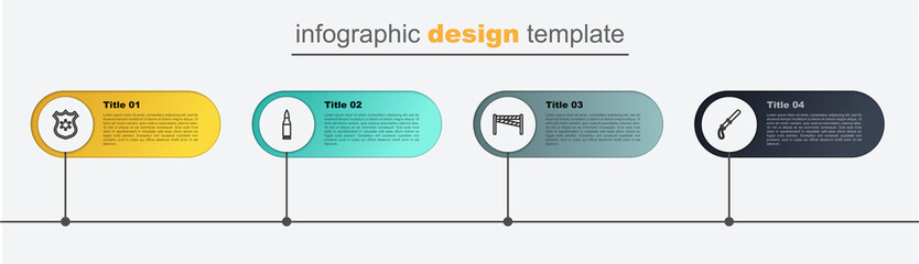Set line Police rubber baton, Crime scene, Bullet and badge. Business infographic template. Vector