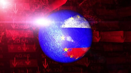 European union and Russian flag sphere rotation on negative business background. - Powered by Adobe