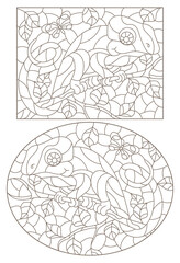 Obraz premium A set of contour illustrations in the style of stained glass with abstract chameleons, dark contours on a white background