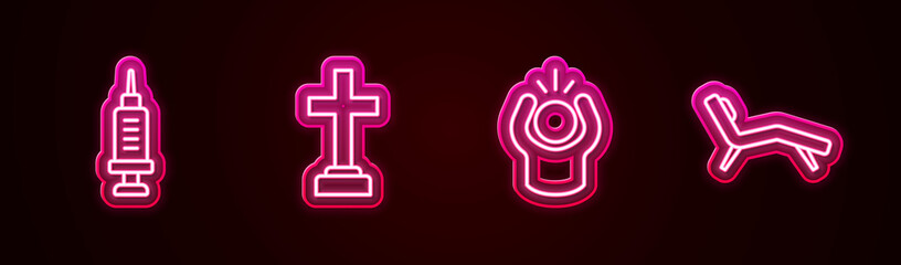 Set line Addiction to the drug, Graves funeral sorrow, Anger and Armchair. Glowing neon icon. Vector