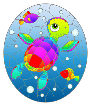 Illustration in the style of stained glass with bright cartoon turtle on the background of the sea floor, fish and water, oval image