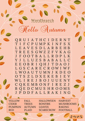 Autumn word search puzzle. Fall season crossword  puzzle for children or adults. Printable worksheet for learning English. Educational keyword activity. Party card. 