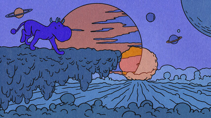 Blue Dog Alien Character On Sci-Fi Planet