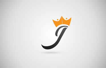 Obraz premium hand written J alphabet letter logo icon. Business company typography with yellow king crown. Royal style