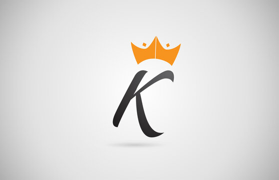 hand written K alphabet letter logo icon. Business company typography with yellow king crown. Royal style