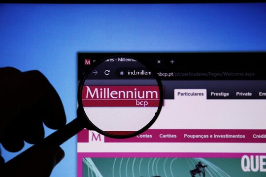 Bahia, Brazil - July 7, 2021: Millennium Bcp bank logo with magnifying glass. Portuguese bank. 
