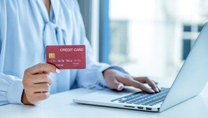 Consumer woman hand holding a mock up credit card, Ready to spending pay online finance shopping according to discount products via laptop from home office