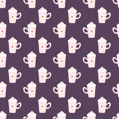 Autumn Purple and Pink Coffee Latte Cups Seamless Pattern Background
