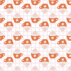 Fall Orange Pumpkin Spice Latte Coffee Seamless Pattern On Gingham Background
