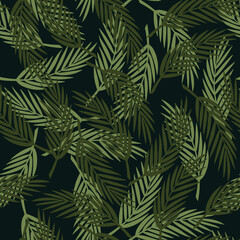 Naklejka na ściany i meble Fern leaves, seamless on a dark background. Forest pattern. Vector.