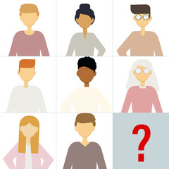 Illustration of many portraits of different men and women. The question is who is next