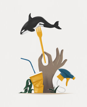 Hand holds plastic fork with whale among plastic waste
