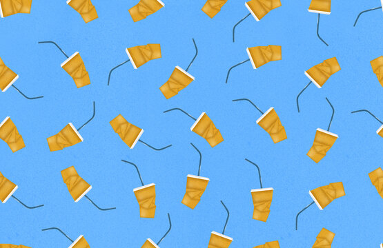 Seamless Pattern of plastic cup with straw on blue

