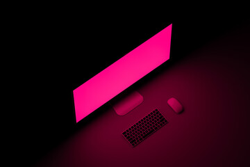 Desktop computer with fuchsia screen turned on