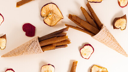 waffle cone with fruit roll up. Fruit pastille top view. Vegan homemade sweets