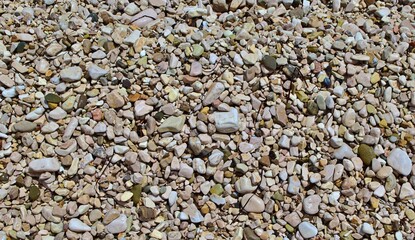 Pebbles of different sizes and colors on the beach close-up