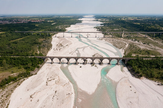 Drone view of a bridge over a river