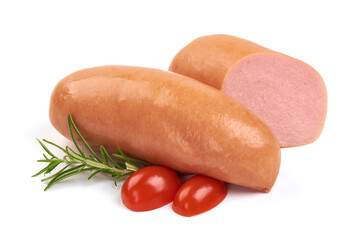 Fresh boiled sausages, close-up, isolated on white background.