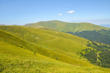 Summer landscape in mountains and the clear blue sky over the grassy hillside. Carpathian, Ukraine, Europe.