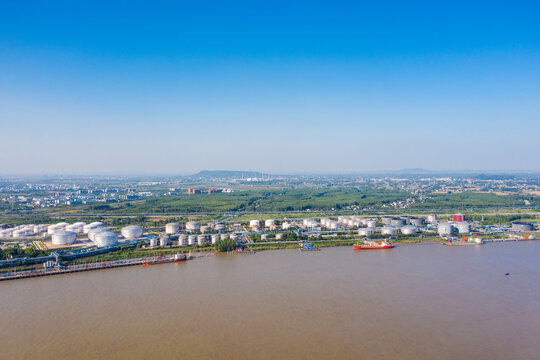 Oil refinery factory with river