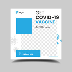 Medical vaccination social media post template. Modern square banner with place for the photo. Usable for social media post.