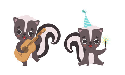 Adorable Badger Activities Set, Cute Baby Animal Character Playing Guitar and Celebrating Holidays Cartoon Vector Illustration