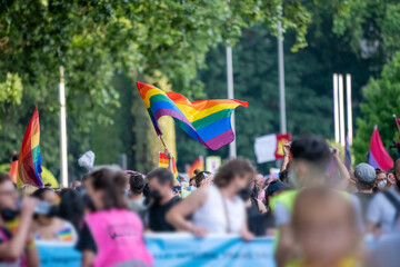 Rainbow gay flag during the demonstration for the rights of homosexuals and people of the lgtbi collective in the city of Madrid, Spain