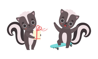 Adorable Badger Activities Set, Cute Baby Animal Character Riding Skateboard and Celebrating Birthday Cartoon Vector Illustration