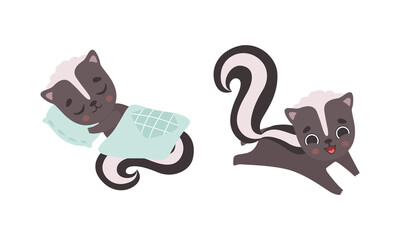 Adorable Badger Activities Set, Cute Baby Animal Character Sleeping and Playing Cartoon Vector Illustration