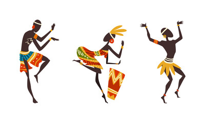 Set of African People Dancing Ethnic Dance and Playing Drum Set, Man and Woman in Bright Traditional Clothing Performing Ritual Dance Cartoon Vector Illustration