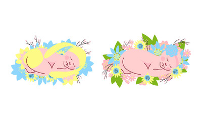 Naklejka premium Cute Adorable Newborn Babies Sleeping in Flowers Set Cartoon Vector Illustration