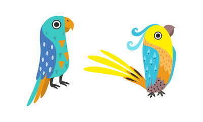 Obraz na płótnie Canvas Set of Bright Colorful Exotic Tropical Birds Cartoon Vector Illustration