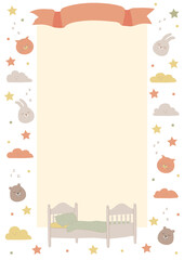 Hand-drawn colored vector template, frame for list of the bed place in kindergarten or children's summer camp with cute sleeping animals. Blank A4 format