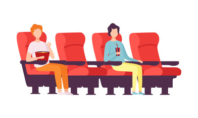 Man Sitting in Cinema or Movie Theater Viewing Film for Entertainment Vector Illustration