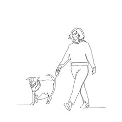 continuous line drawing of Woman Wearing face mask walking with her dog. Dog and girl shape with active stroke.