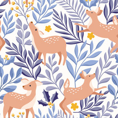Vector Seamless Pattern Christmas design elements. Cute illustration with deer, leaves, xmas elements for greeting cards, social media post, print design.