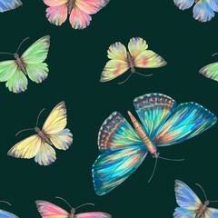 Watercolor, colorful butterflies on a green background. Bright butterflies, seamless pattern. Suitable for design, scrapbooking, wrapping paper, print, packaging.