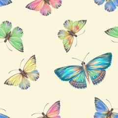 Watercolor, colorful butterflies on a beige background. Bright butterflies, seamless pattern. Suitable for design, scrapbooking, wrapping paper, print, packaging.
