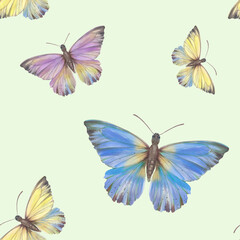 Fototapeta na wymiar Watercolor, colorful butterflies on a beige background. Bright butterflies, seamless pattern. Suitable for design, scrapbooking, wrapping paper, print, packaging.