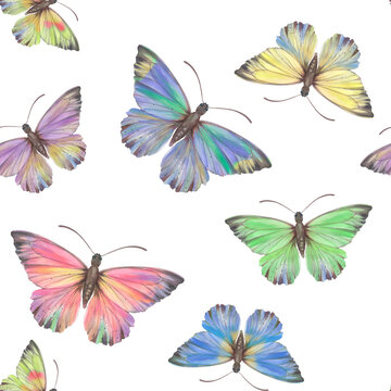 Watercolor, colorful butterflies on a white background. Bright butterflies, seamless pattern. Suitable for design, scrapbooking, wrapping paper, print, packaging.