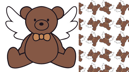 Cute bear with angel wings, seamless pattern, gift wrapping