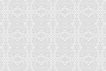 3D volumetric convex embossed geometric white background. Ethnic ornament. Pattern based on oriental motives. Unique handmade style. Vector graphics for wallpapers, business cards, presentations.