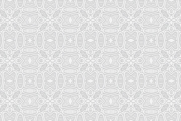 3D volumetric convex embossed geometric white background. Ethnic ornament. Pattern based on oriental motives. Modern handmade style. Vector graphics for wallpapers, business cards, presentations.